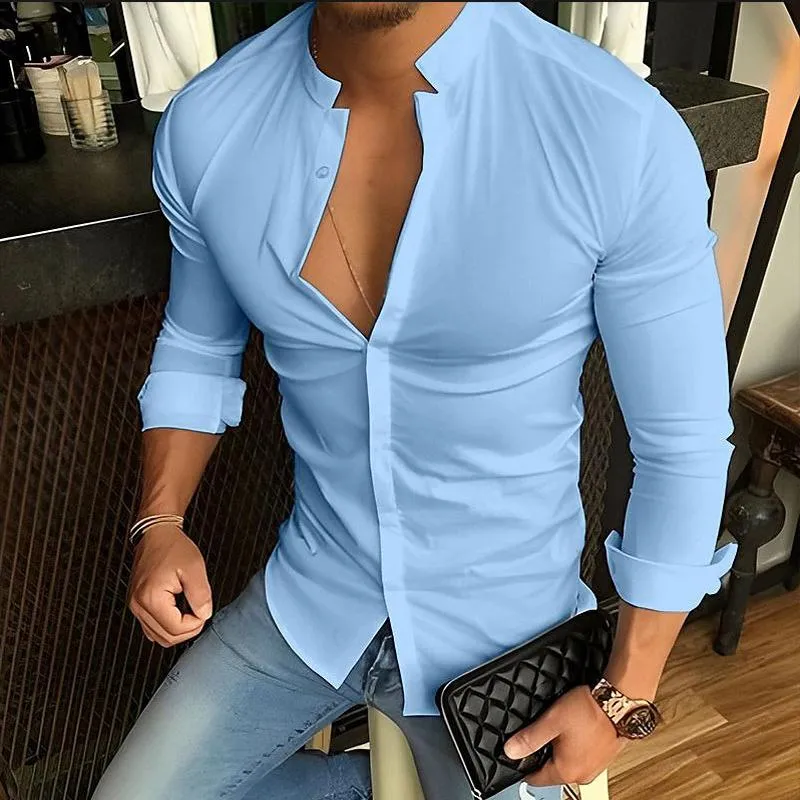 Men's Casual Fashion Solid Color Stand Collar Long Sleeve Shirt 79136189X