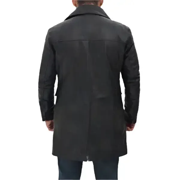 Men's Four Pocket Black Leather Trench Coat