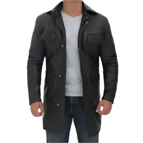 Men's Four Pocket Black Leather Trench Coat