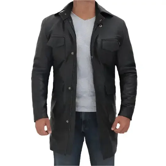 Men's Four Pocket Black Leather Trench Coat