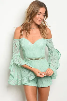 Mint Long Sleeve Lace Sweetheart Neckline Romper