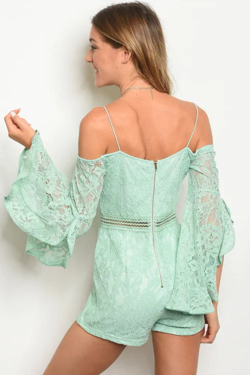 Mint Long Sleeve Lace Sweetheart Neckline Romper