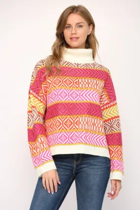 Multicolor Geo Print Turtleneck Sweater