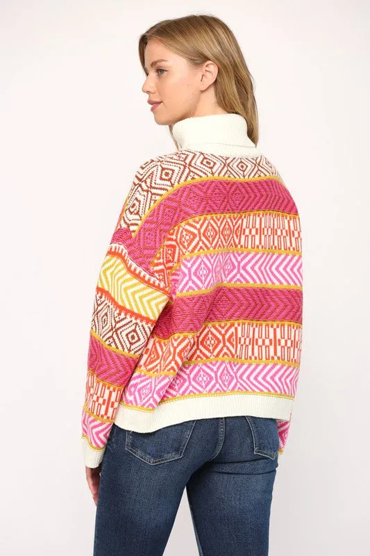 Multicolor Geo Print Turtleneck Sweater