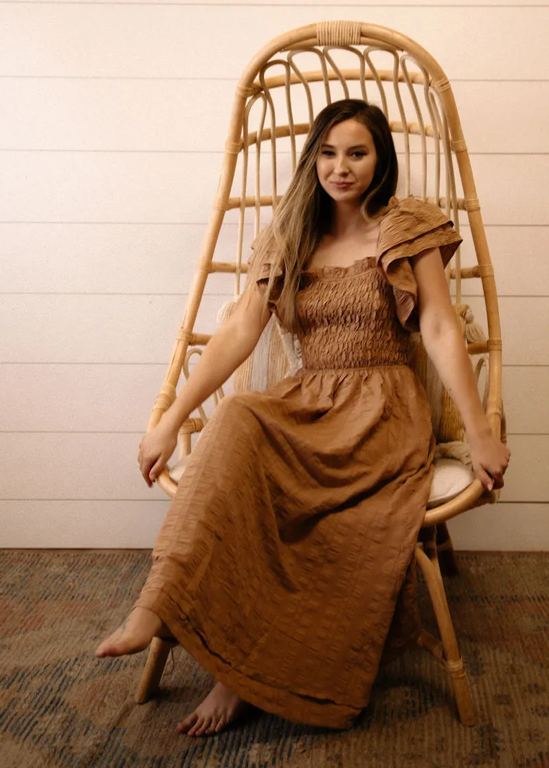 Muse, Ruffle Sleeve, Smocked Bodice, Seersucker Midi Dress, Mocha