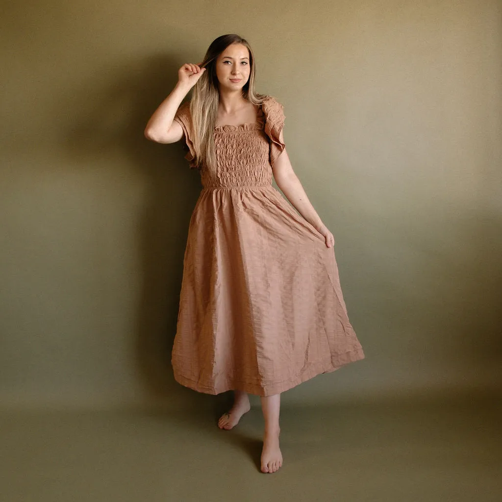 Muse, Ruffle Sleeve, Smocked Bodice, Seersucker Midi Dress, Mocha