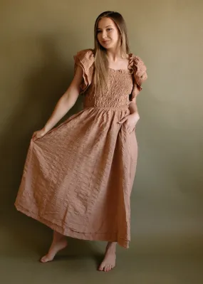 Muse, Ruffle Sleeve, Smocked Bodice, Seersucker Midi Dress, Mocha