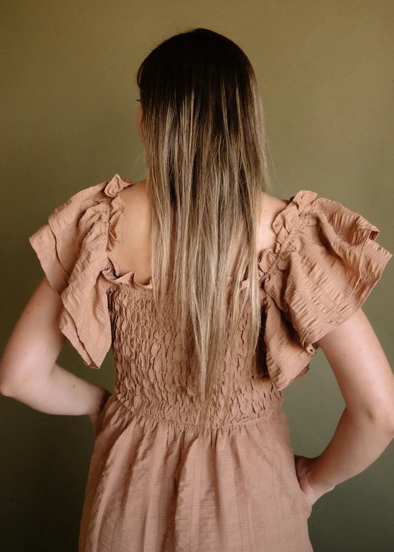 Muse, Ruffle Sleeve, Smocked Bodice, Seersucker Midi Dress, Mocha