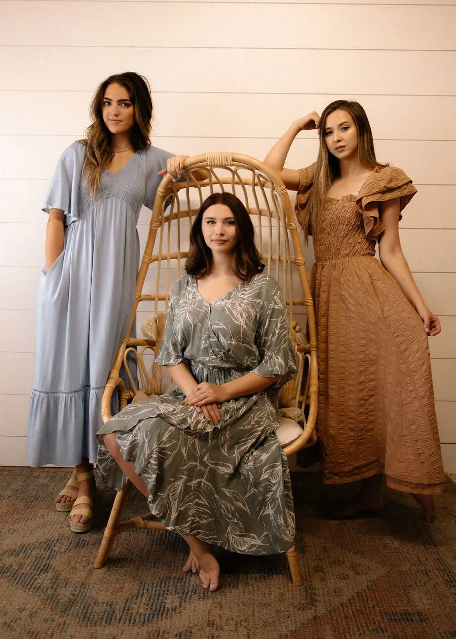 Muse, Ruffle Sleeve, Smocked Bodice, Seersucker Midi Dress, Mocha