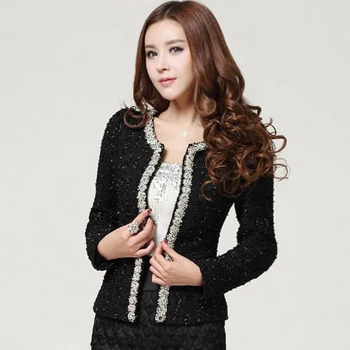 New 2020 Women Spring Winter Coat Short design Elegant Beaded Diamond slim Long sleeve