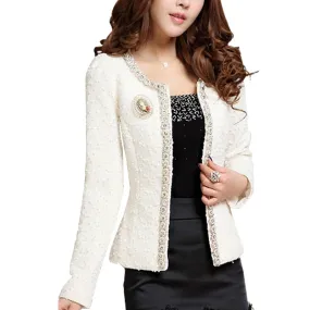 New 2020 Women Spring Winter Coat Short design Elegant Beaded Diamond slim Long sleeve