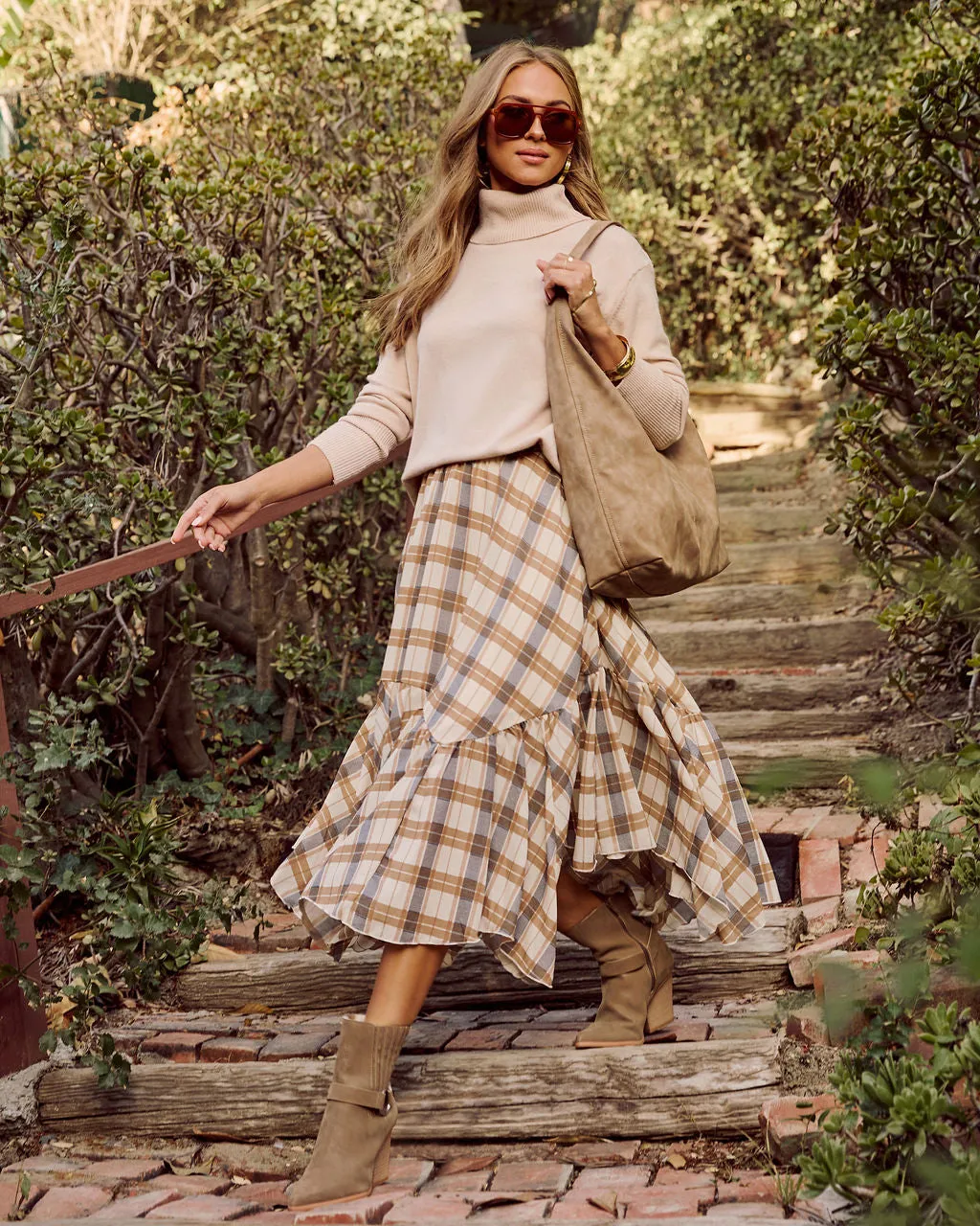 October Oaks Plaid Asymmetric Midi Skirt