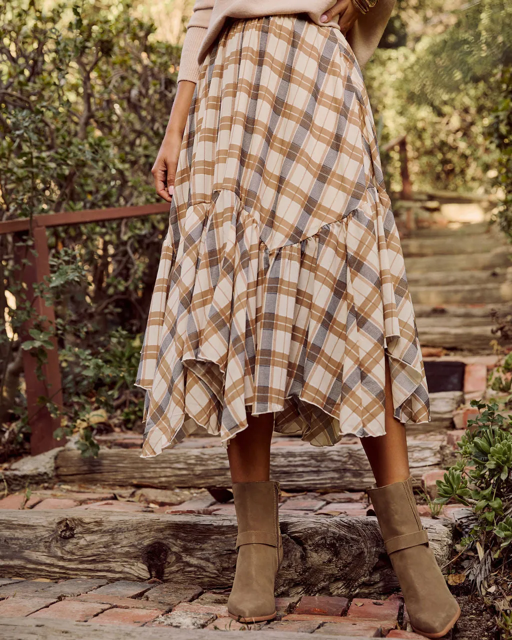 October Oaks Plaid Asymmetric Midi Skirt