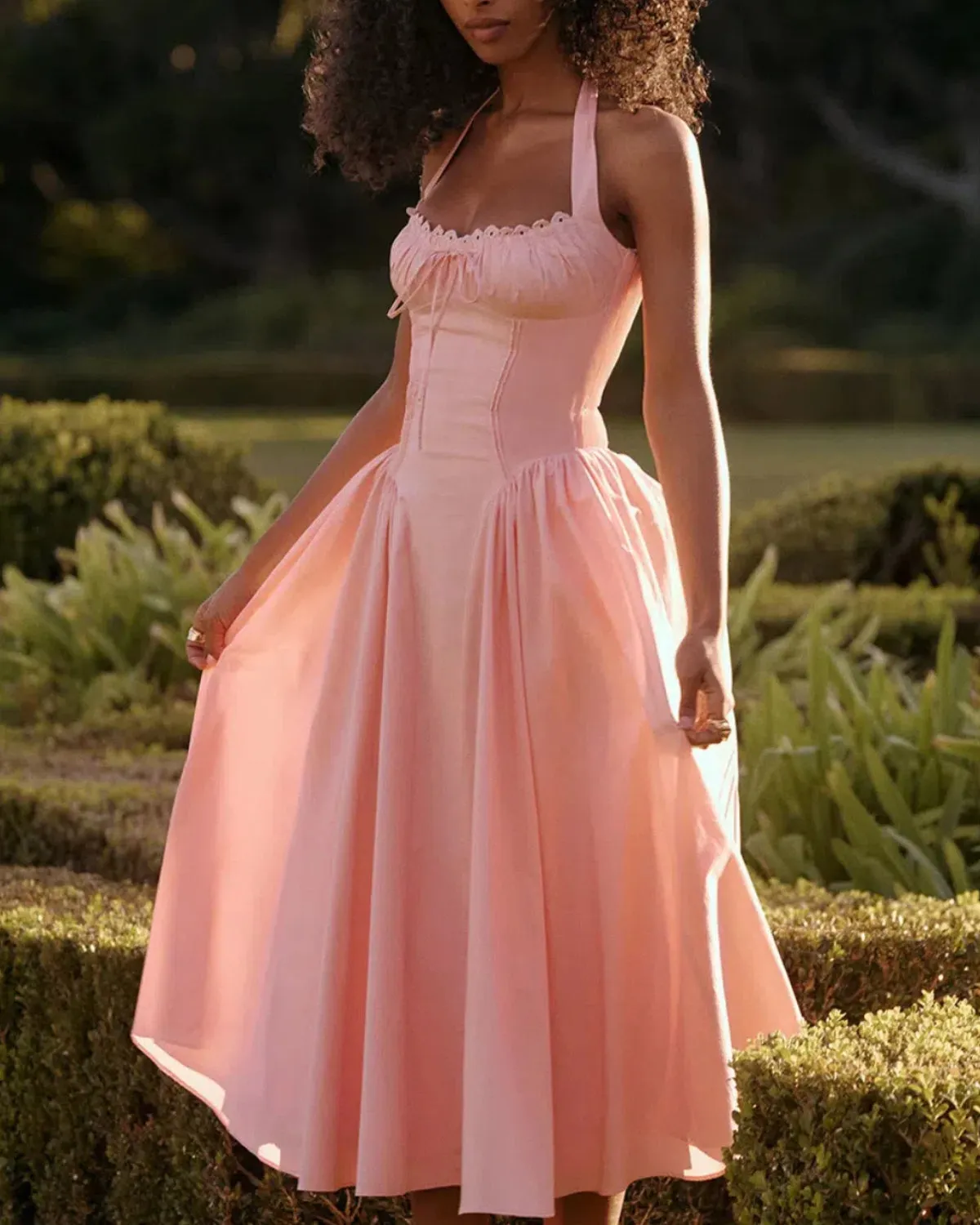Pink Ruched Halter Midi Dress