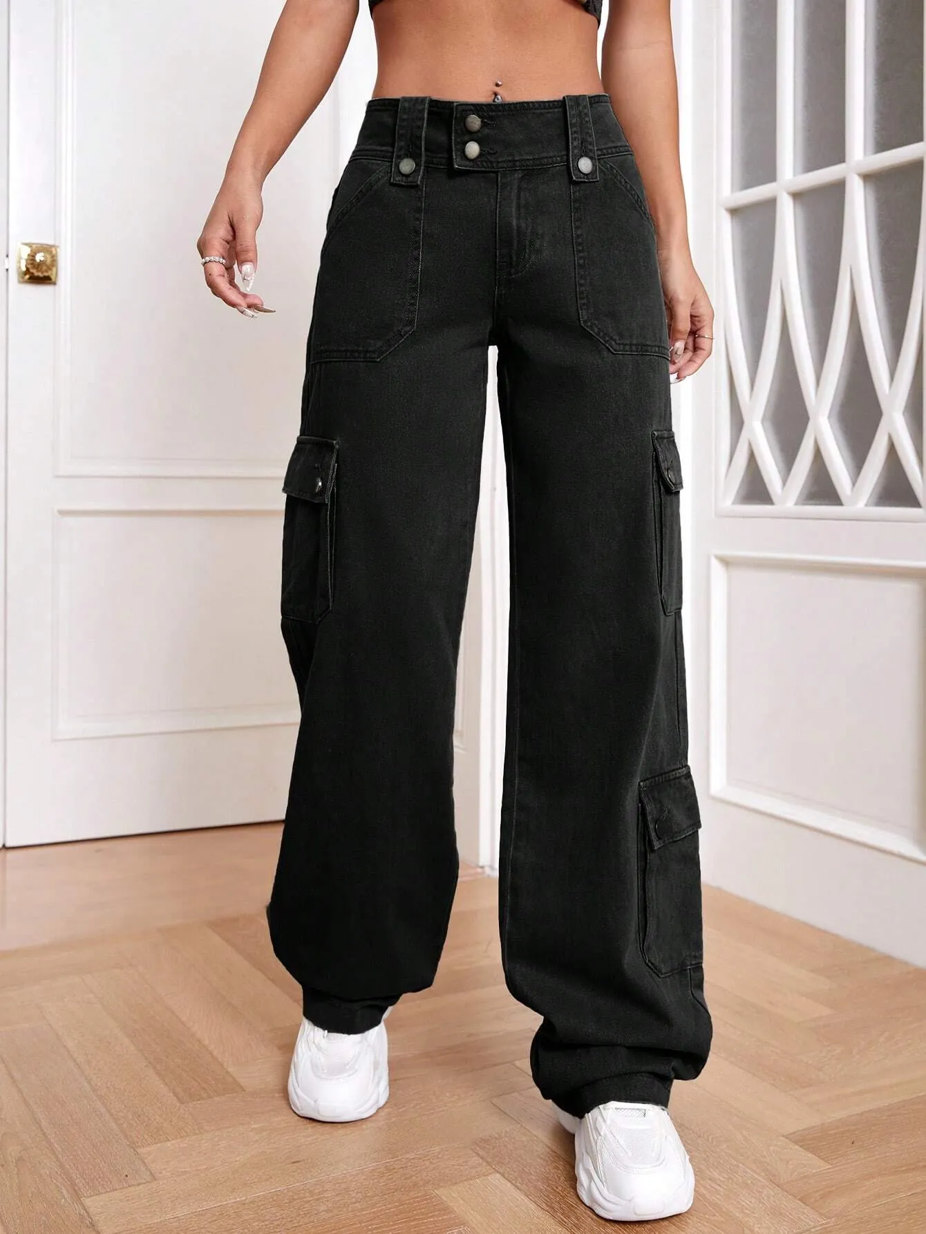 Plain Non-Stretch Flap Pocket Cargo Jeans