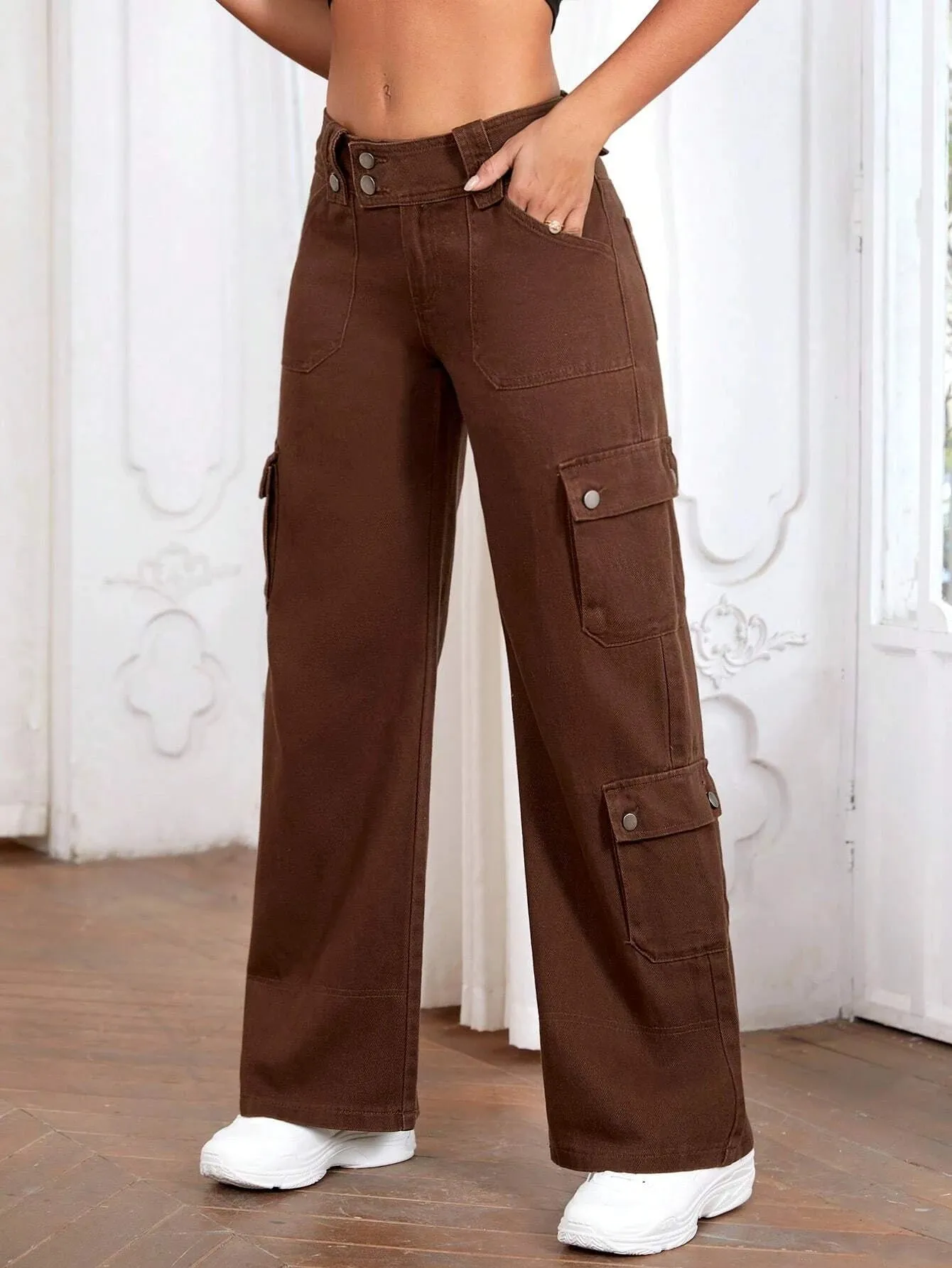 Plain Non-Stretch Flap Pocket Cargo Jeans