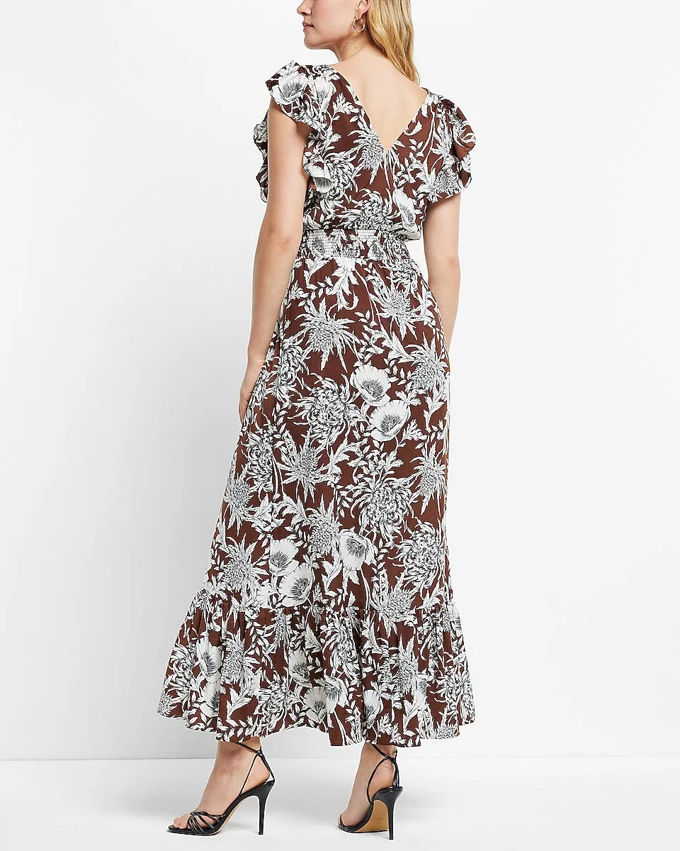 Printed Ruffle Sleeve Maxi Dress in Print