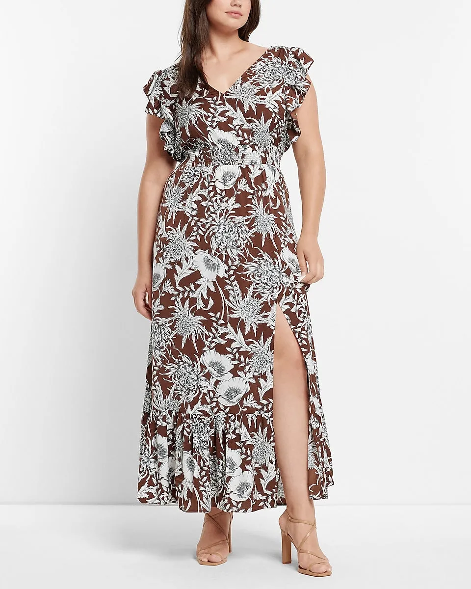 Printed Ruffle Sleeve Maxi Dress in Print