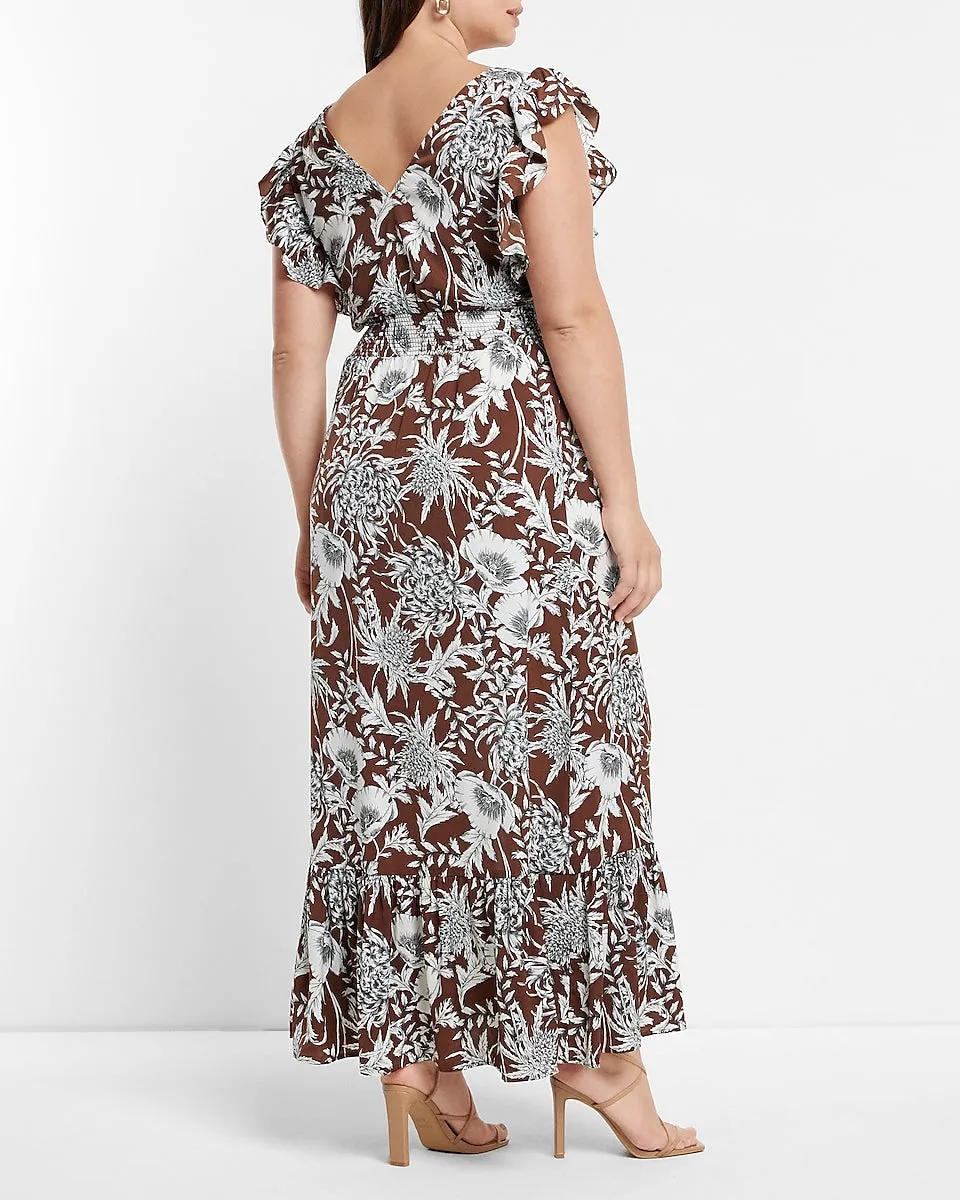 Printed Ruffle Sleeve Maxi Dress in Print