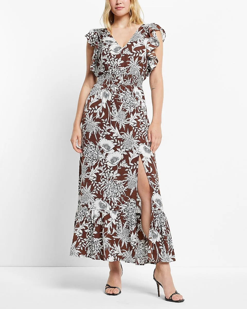 Printed Ruffle Sleeve Maxi Dress in Print