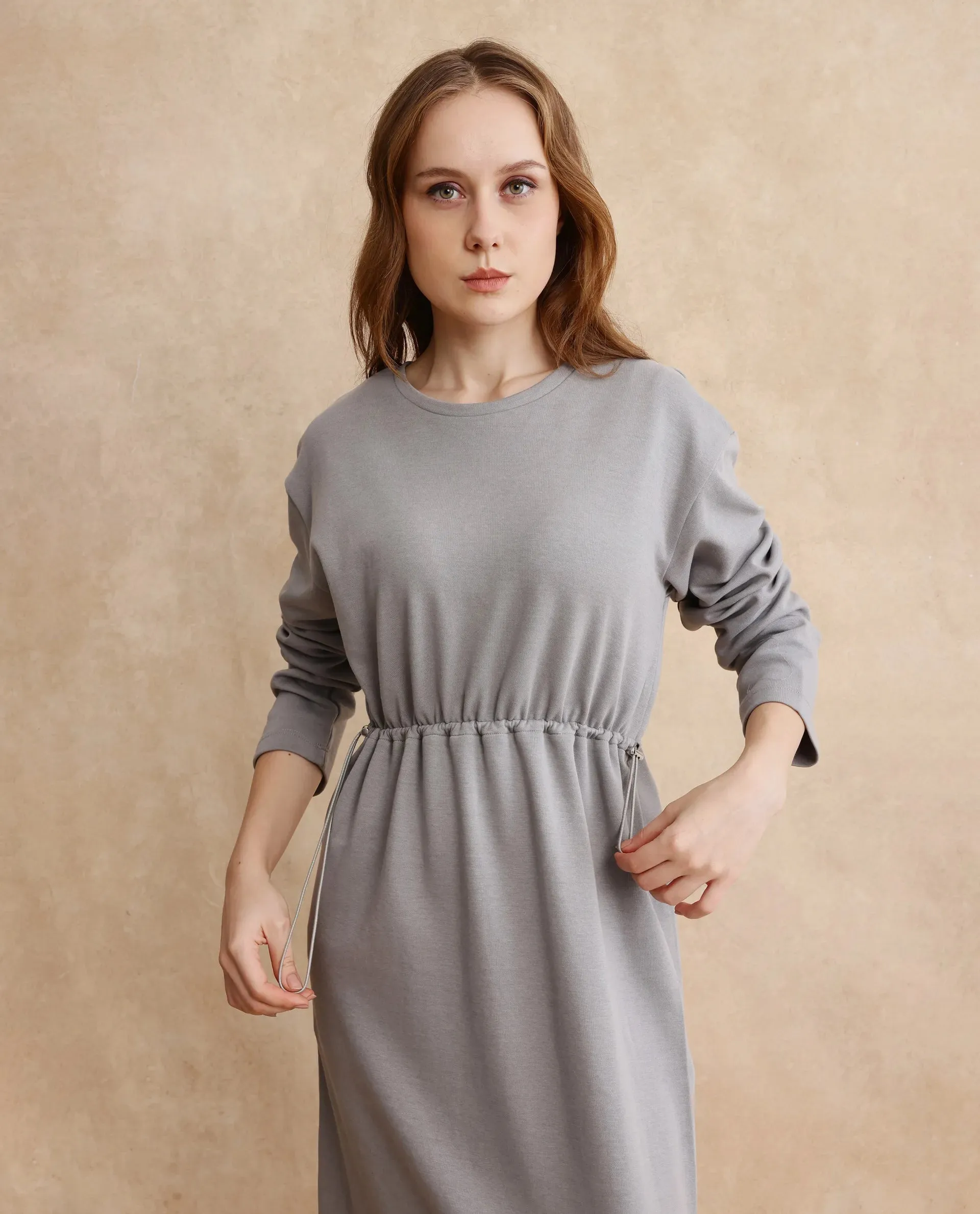 Rareism Women Zarene Grey Cotton Blend Fabric Full Sleeve Crew Neck Maxi Plain Dress