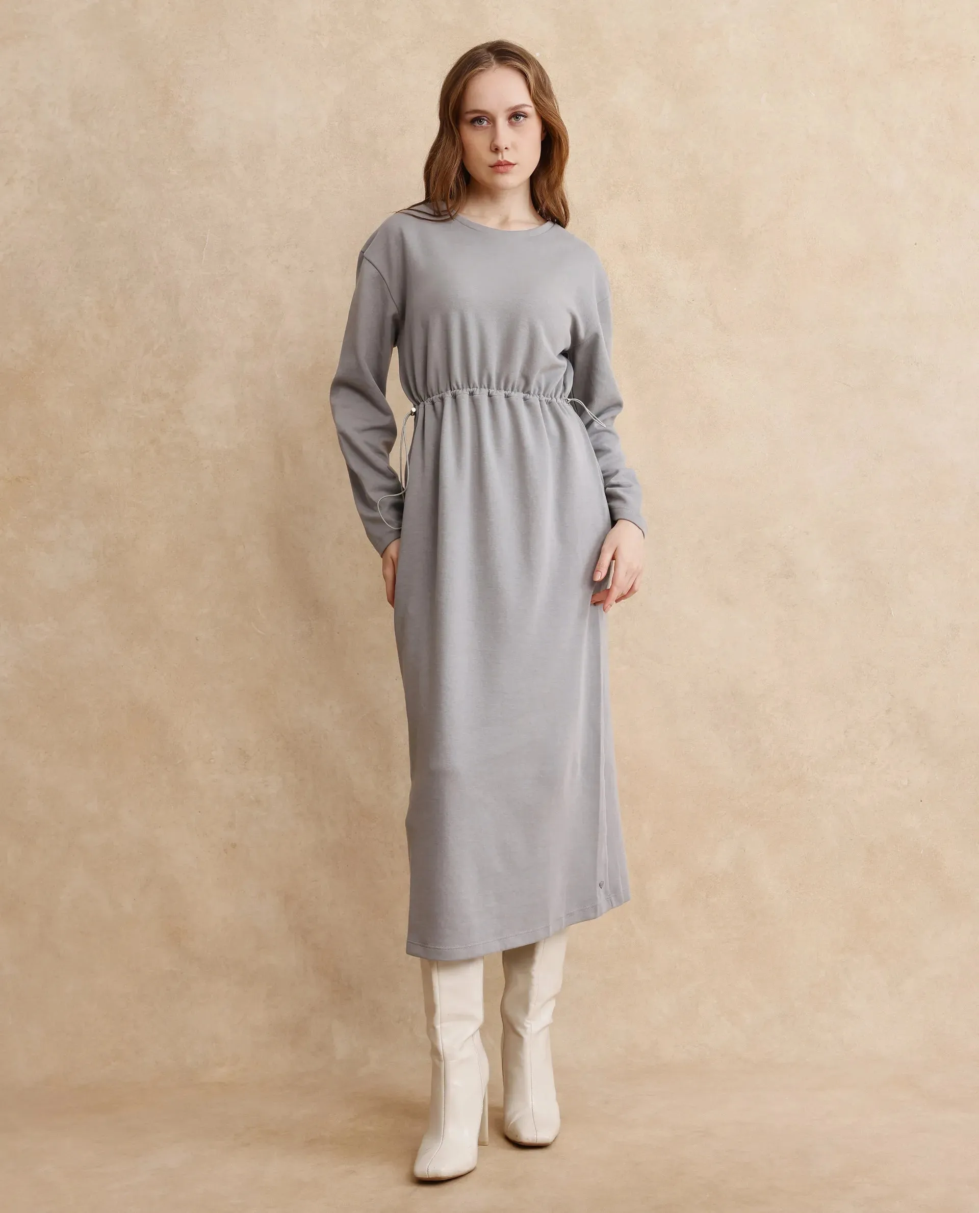 Rareism Women Zarene Grey Cotton Blend Fabric Full Sleeve Crew Neck Maxi Plain Dress