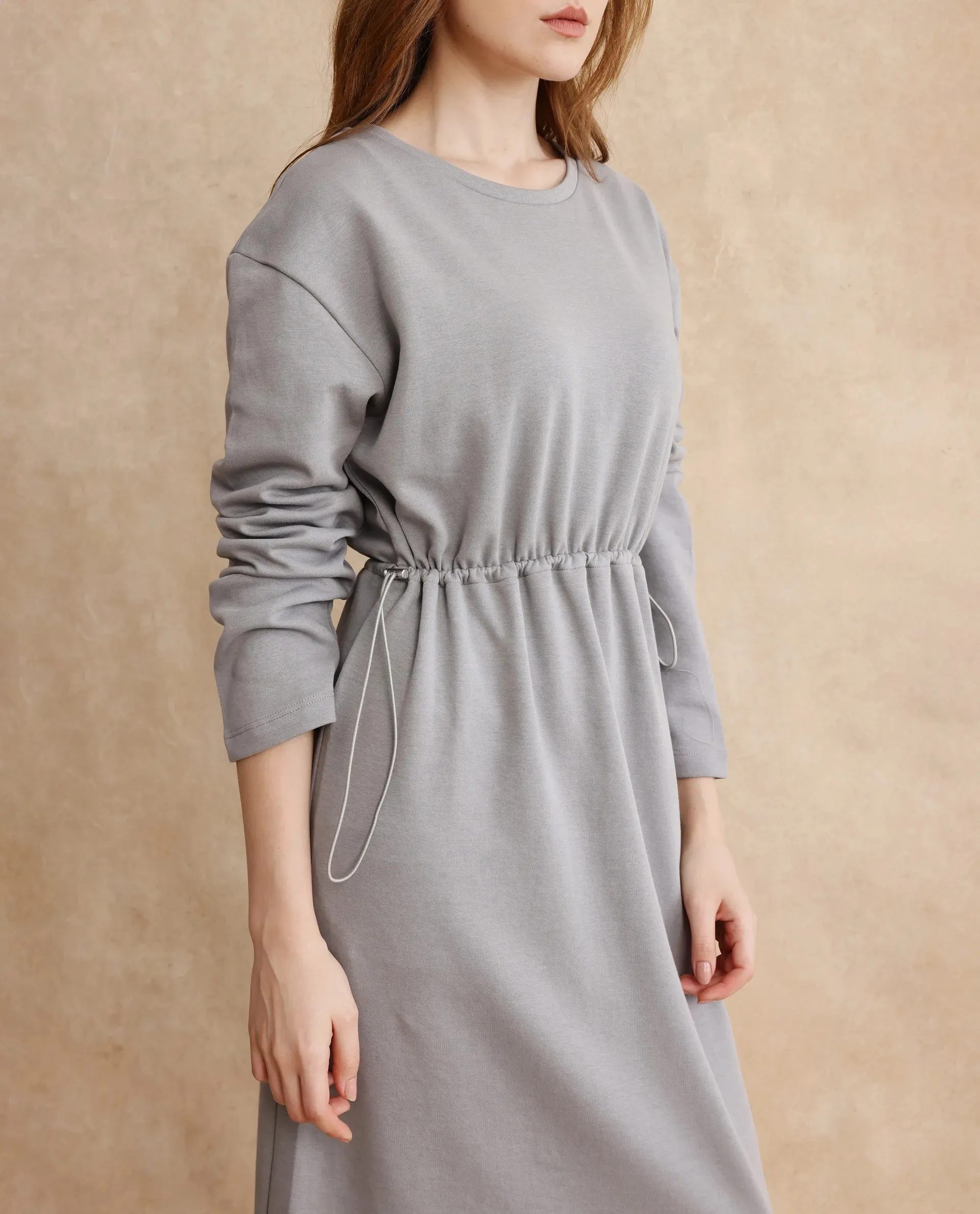 Rareism Women Zarene Grey Cotton Blend Fabric Full Sleeve Crew Neck Maxi Plain Dress