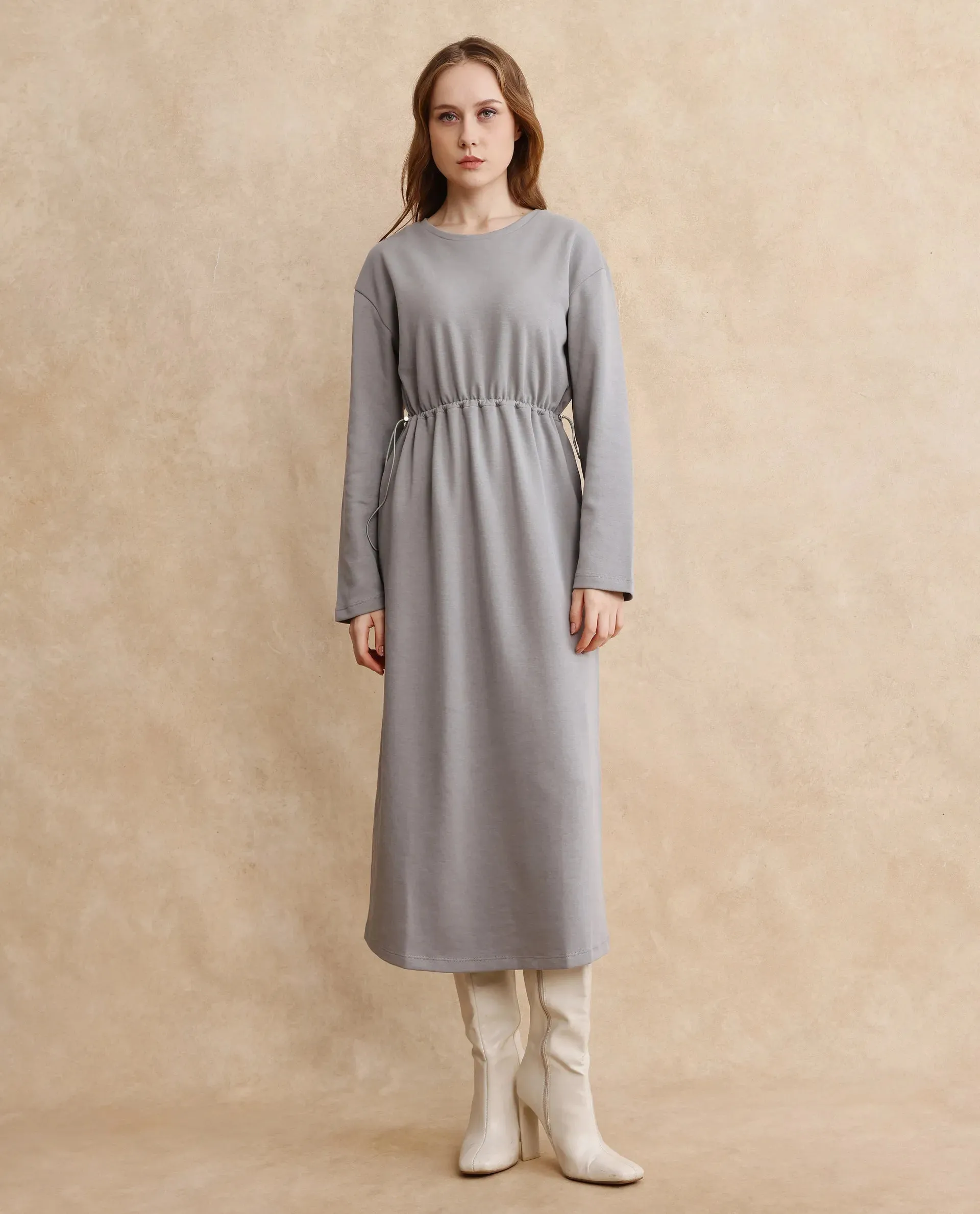 Rareism Women Zarene Grey Cotton Blend Fabric Full Sleeve Crew Neck Maxi Plain Dress