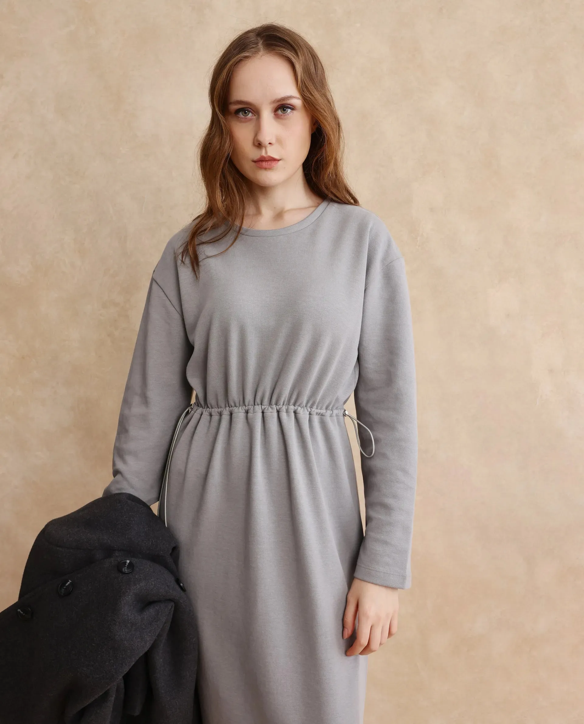Rareism Women Zarene Grey Cotton Blend Fabric Full Sleeve Crew Neck Maxi Plain Dress