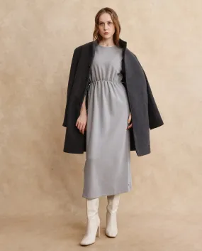 Rareism Women Zarene Grey Cotton Blend Fabric Full Sleeve Crew Neck Maxi Plain Dress