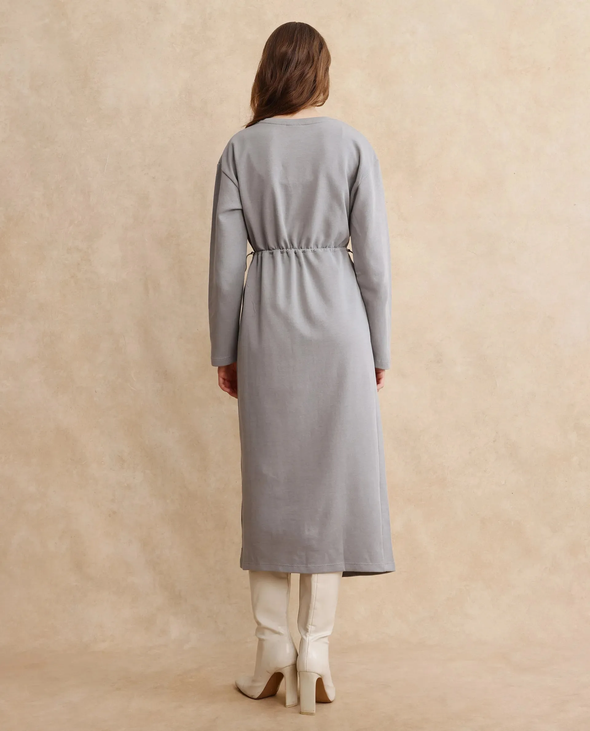 Rareism Women Zarene Grey Cotton Blend Fabric Full Sleeve Crew Neck Maxi Plain Dress
