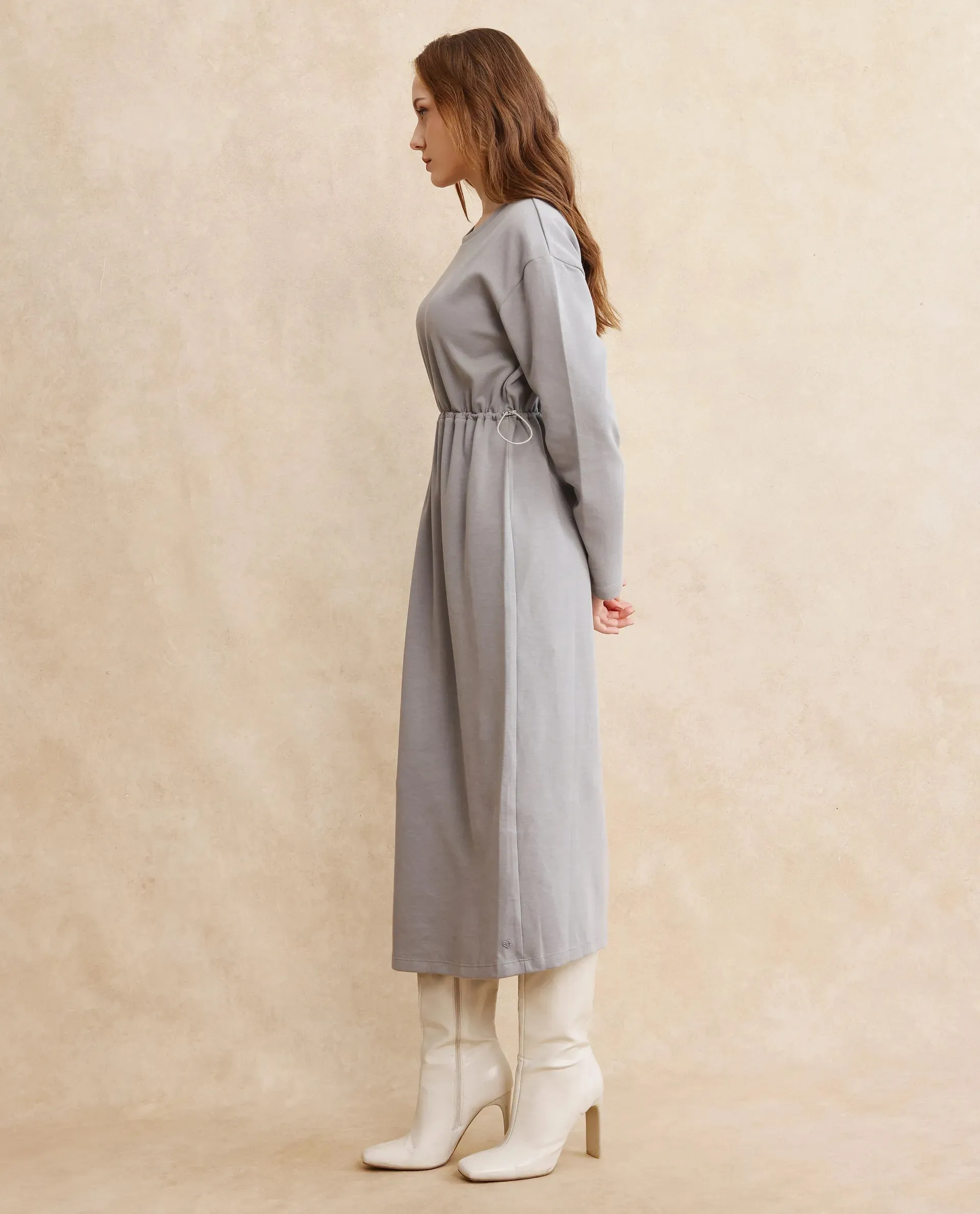 Rareism Women Zarene Grey Cotton Blend Fabric Full Sleeve Crew Neck Maxi Plain Dress