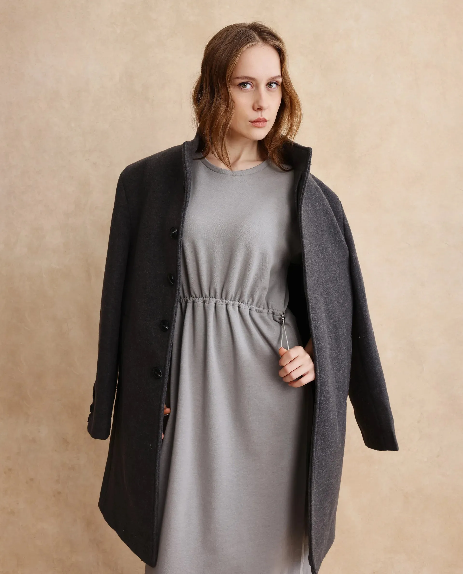 Rareism Women Zarene Grey Cotton Blend Fabric Full Sleeve Crew Neck Maxi Plain Dress