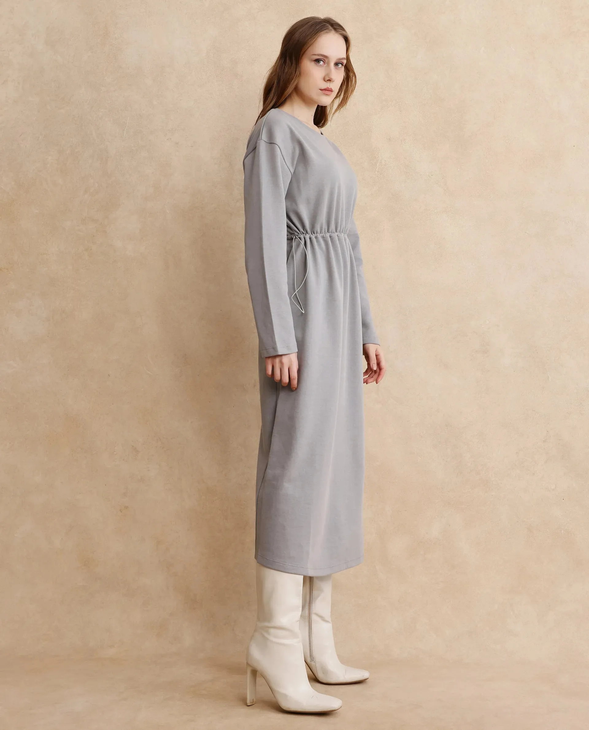 Rareism Women Zarene Grey Cotton Blend Fabric Full Sleeve Crew Neck Maxi Plain Dress