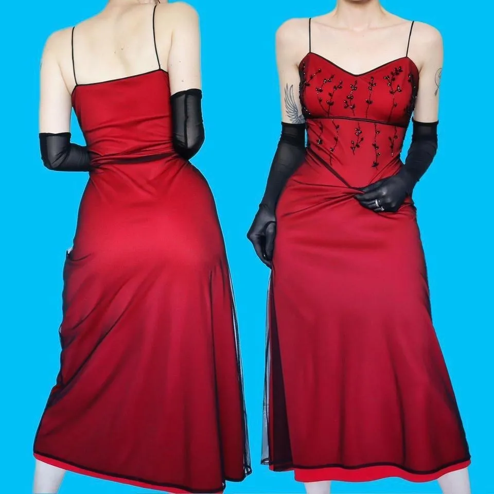 Red beaded slip midi dress UK 10