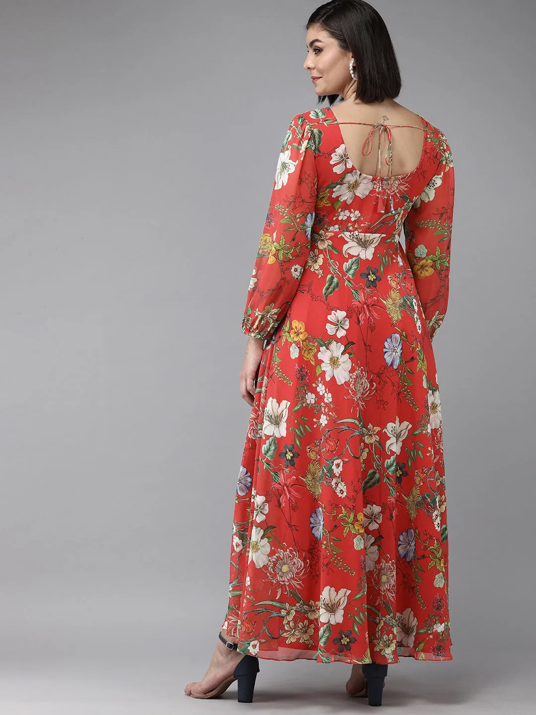 Red Floral Geogette Maxi Dress