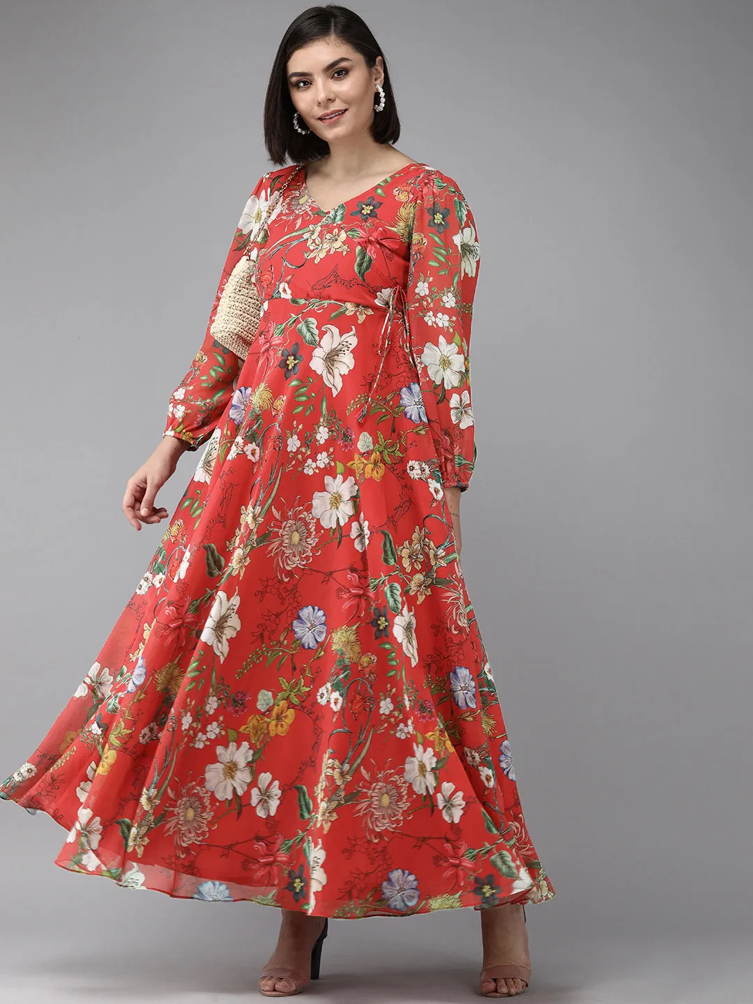 Red Floral Geogette Maxi Dress