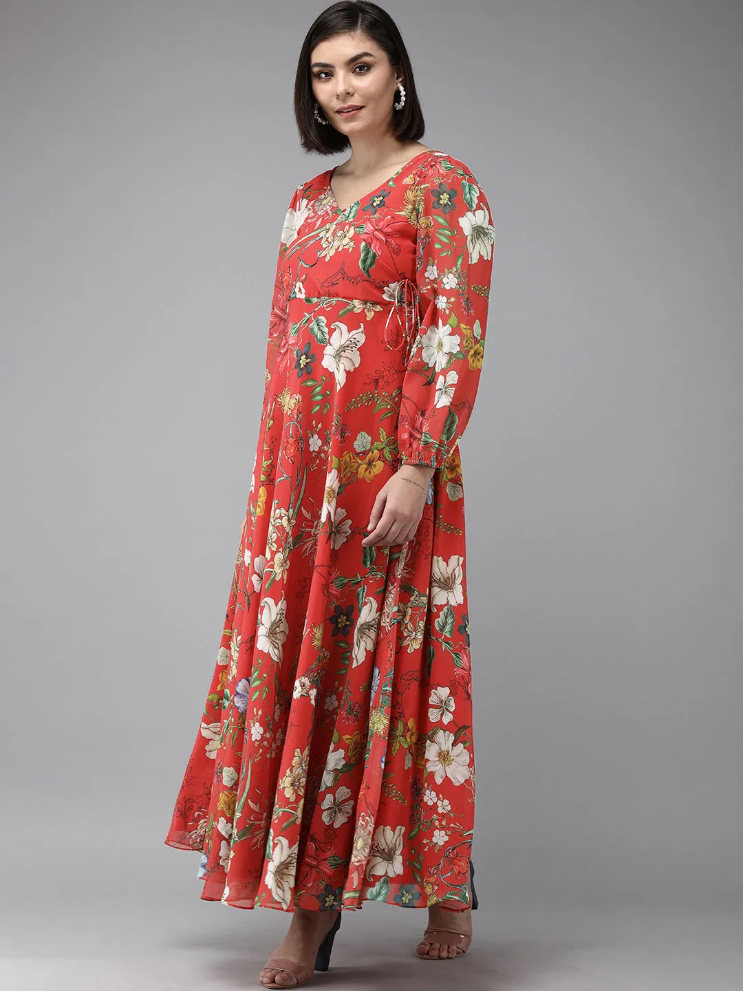 Red Floral Geogette Maxi Dress