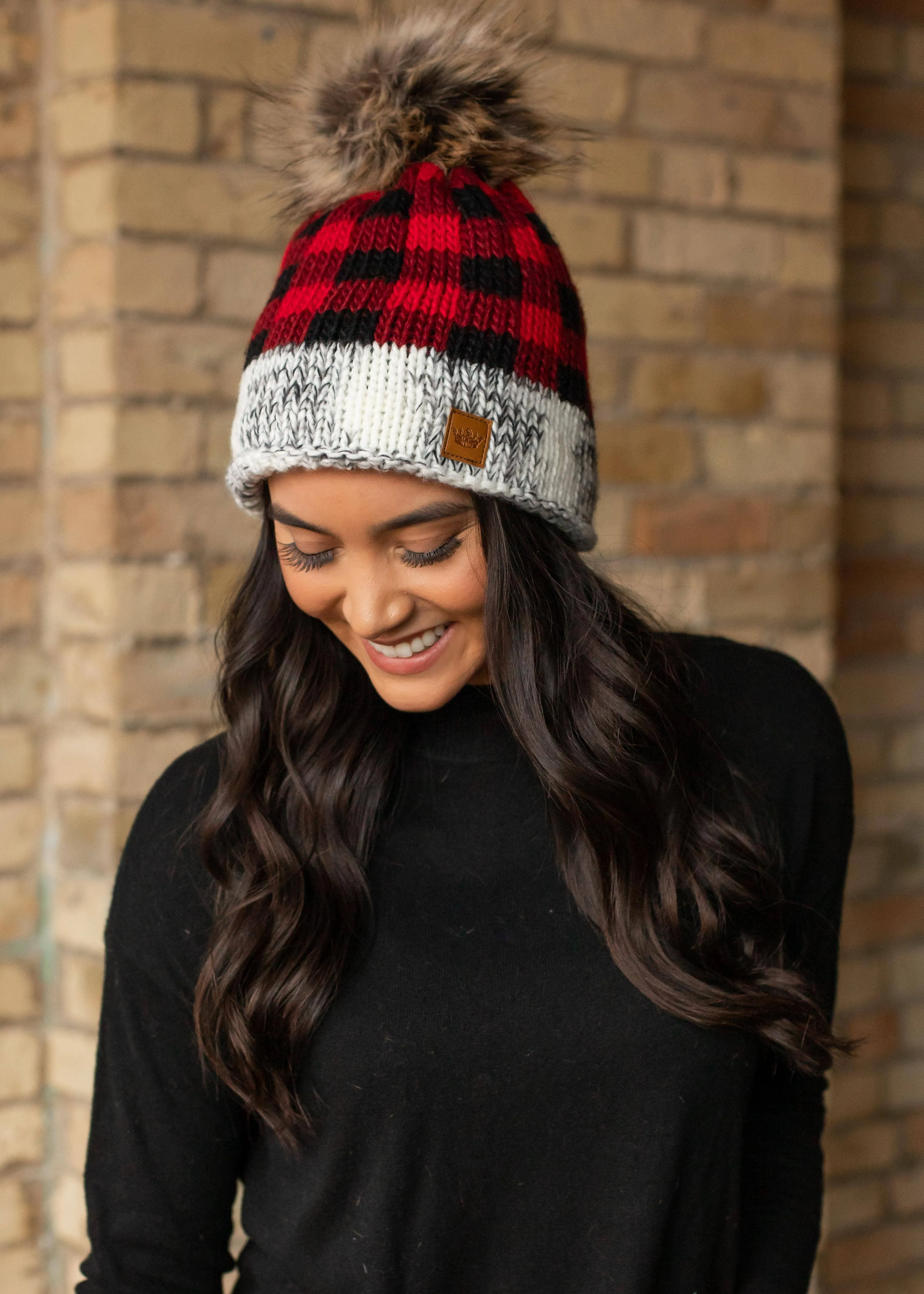 Red Plaid Knit Beanie