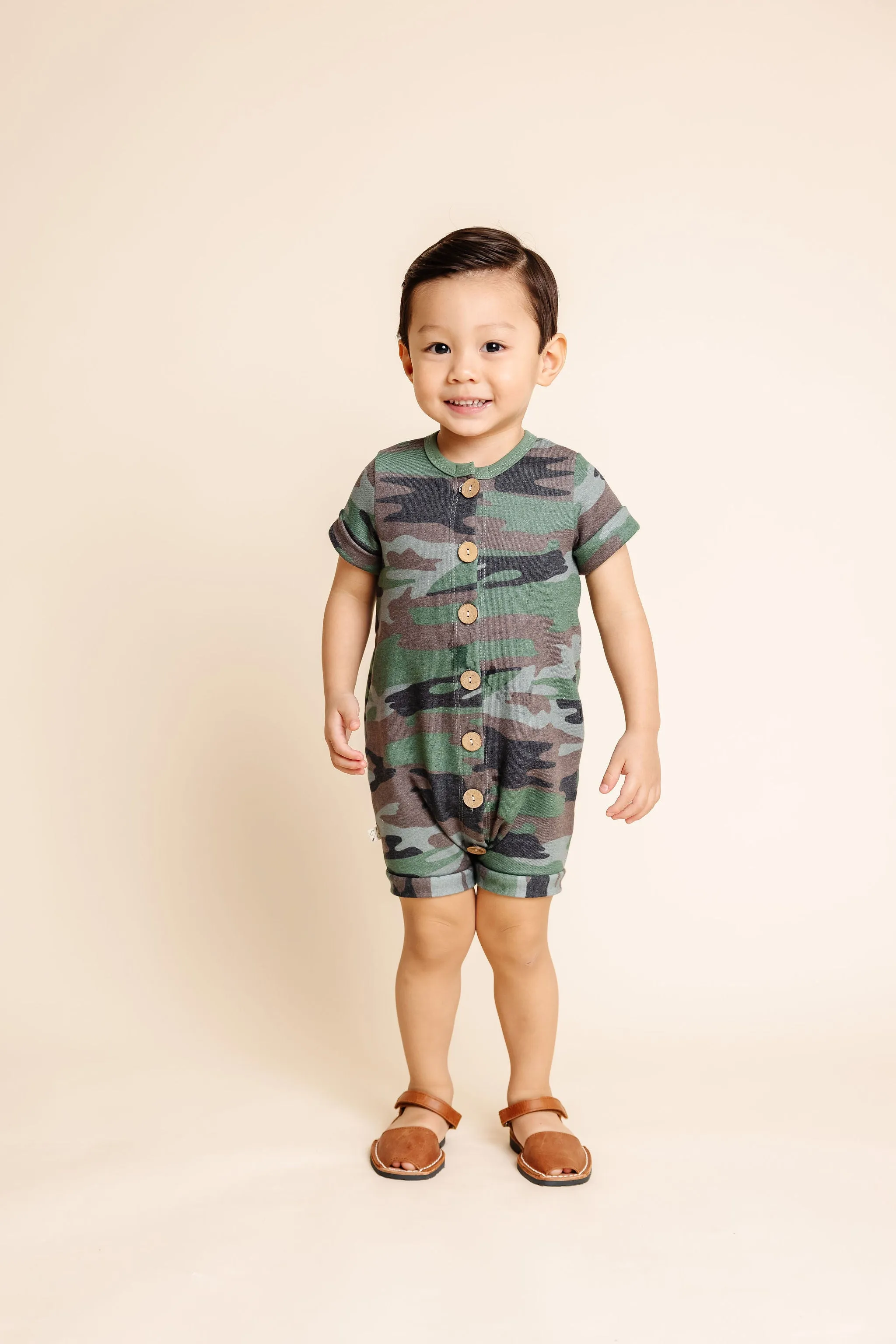 rolled sleeve romper - classic camo