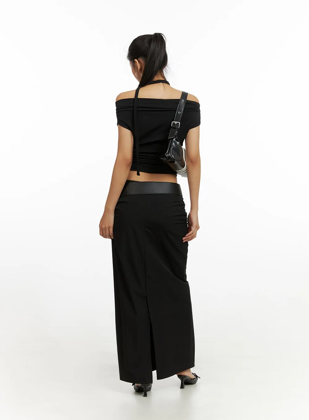 Shirred Solid Maxi Skirt IU412