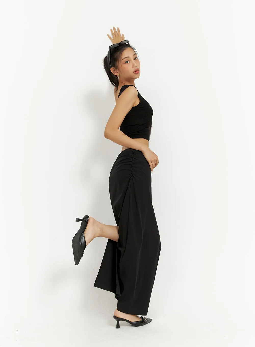Shirred Solid Maxi Skirt IU412