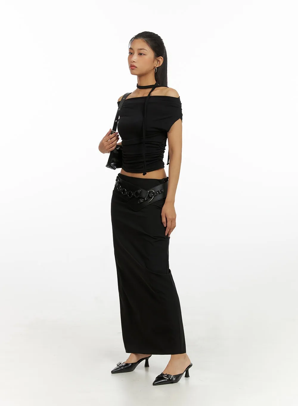 Shirred Solid Maxi Skirt IU412