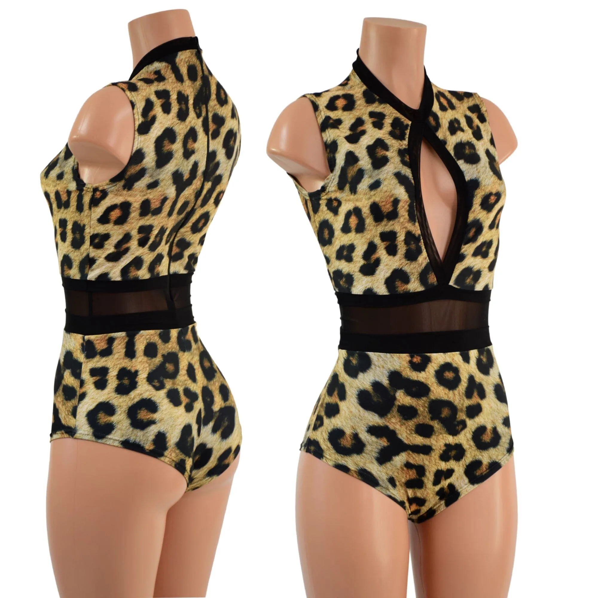 Sleeveless Leopard Print Keyhole Romper with Mesh Waistband