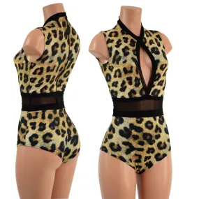 Sleeveless Leopard Print Keyhole Romper with Mesh Waistband