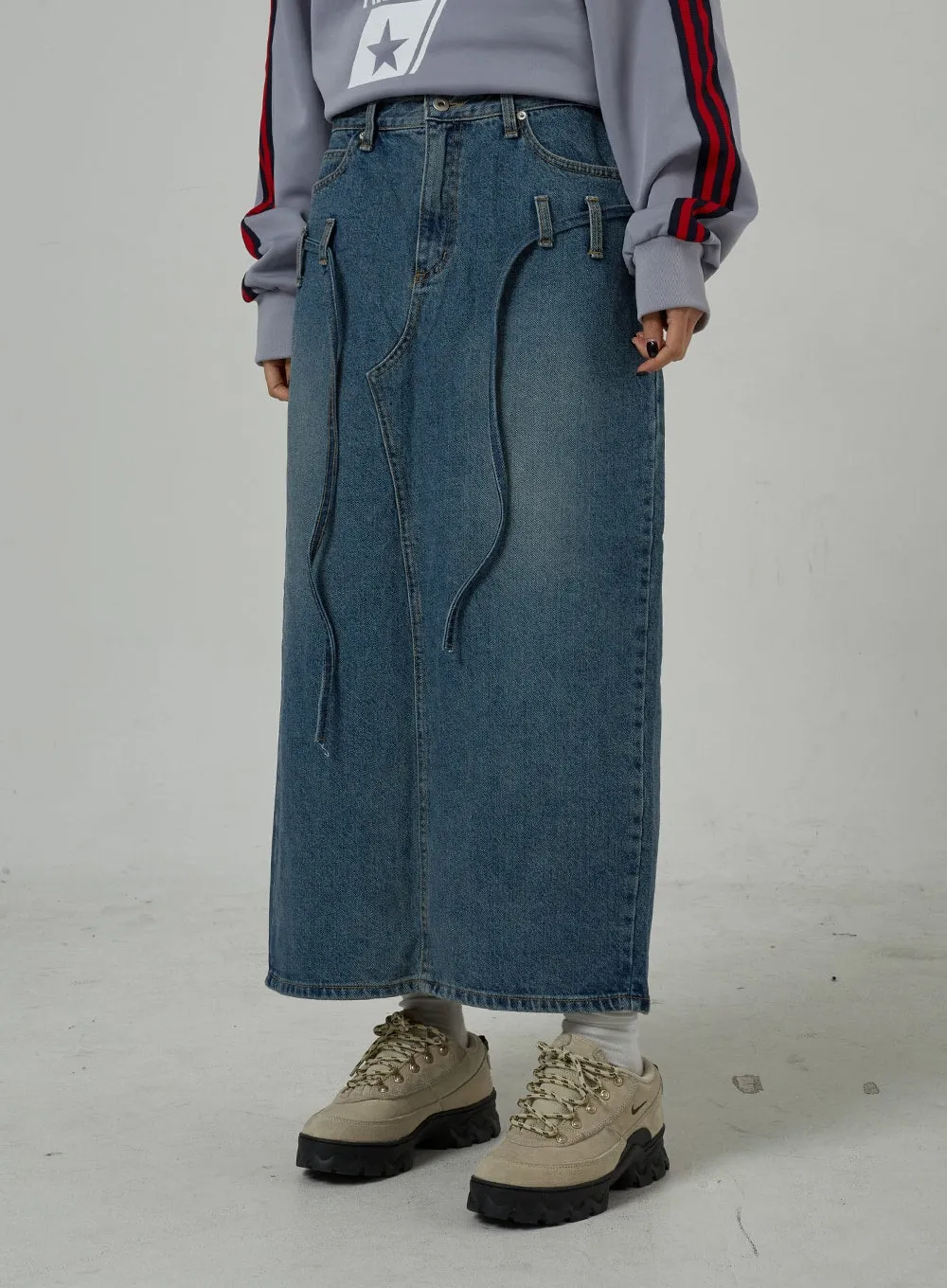 String Detail Maxi Denim Skirt CJ306