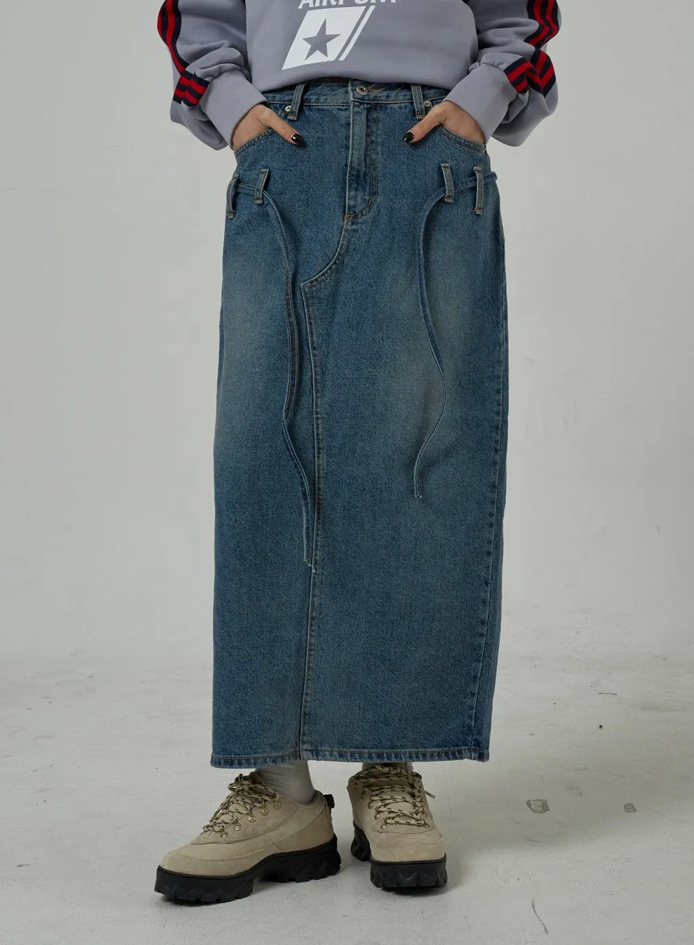 String Detail Maxi Denim Skirt CJ306