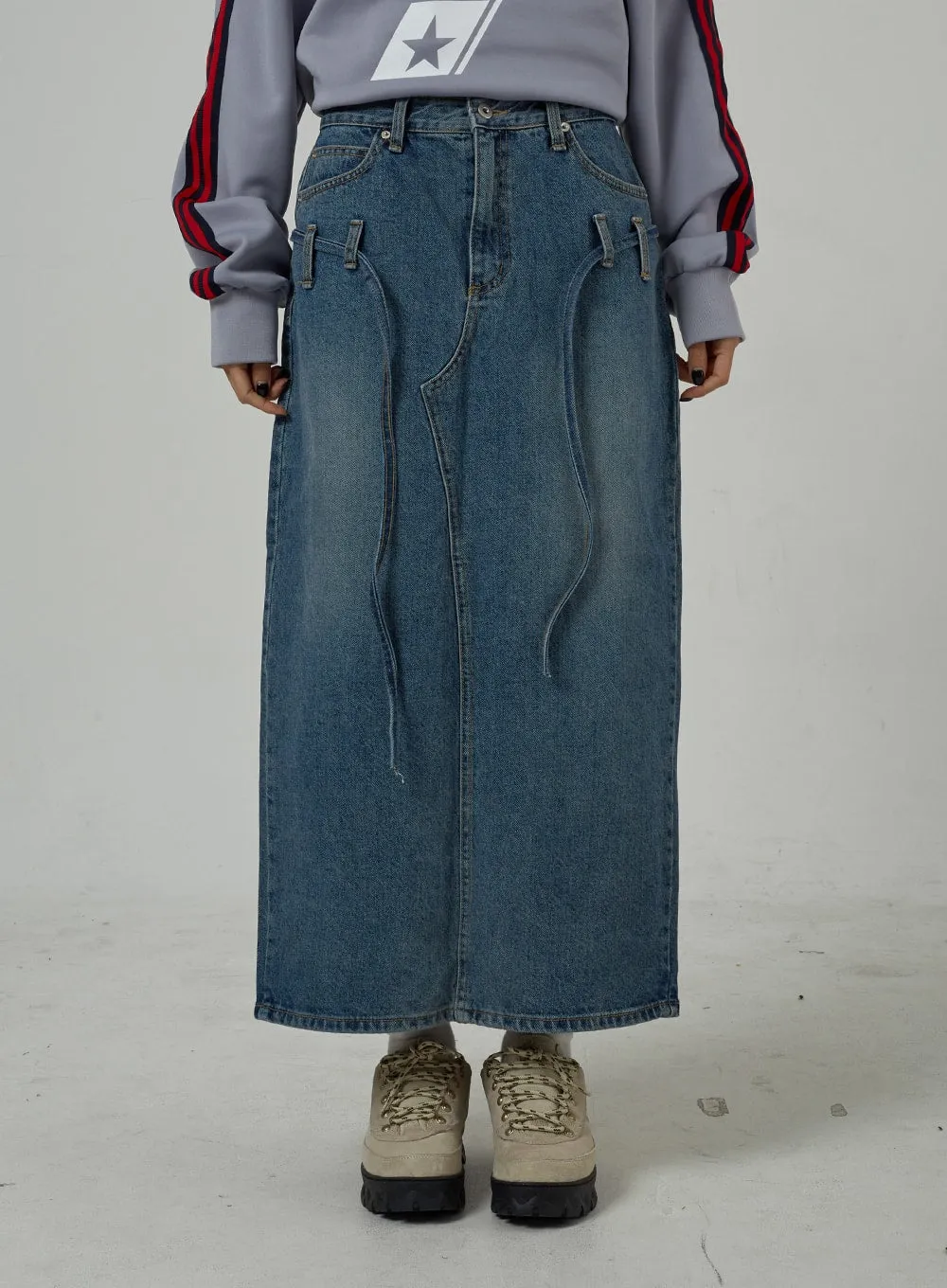 String Detail Maxi Denim Skirt CJ306