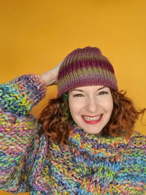 Striped Beanie Hat in Plum and Green