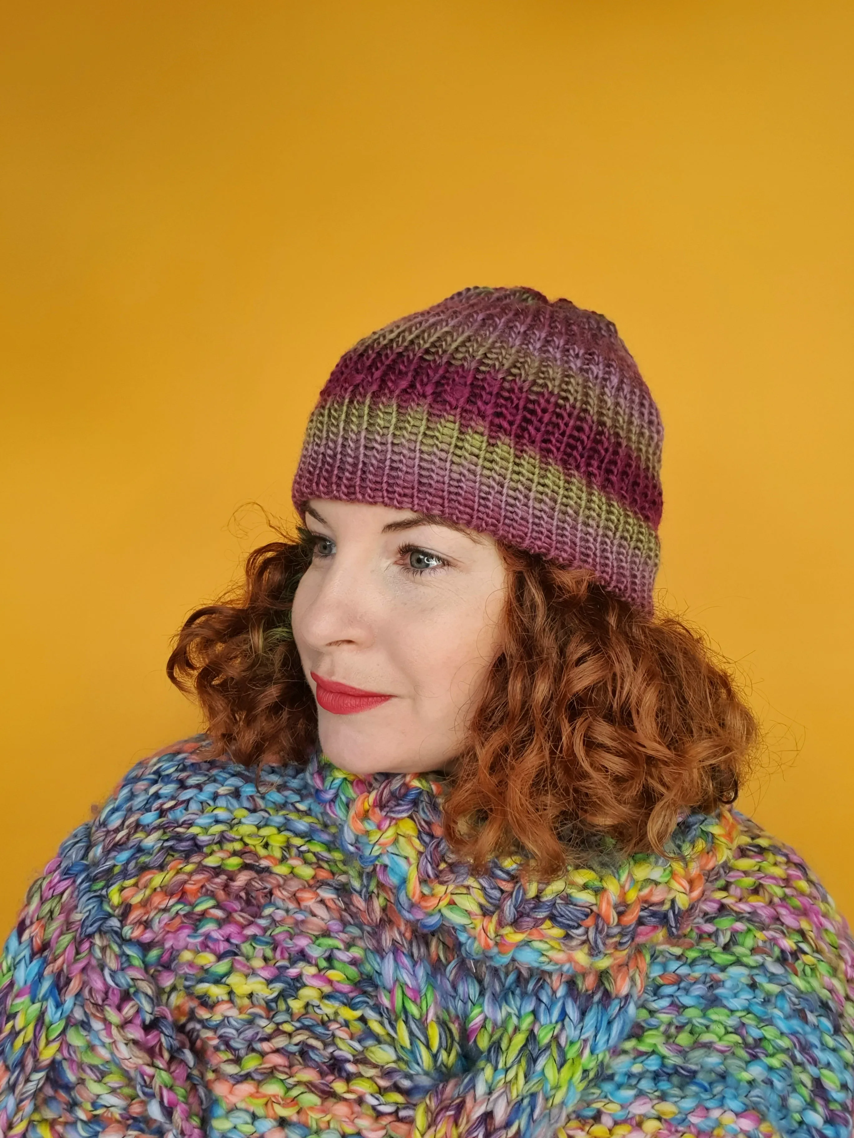 Striped Beanie Hat in Plum and Green